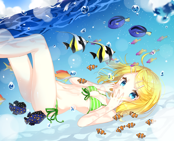 Anime picture 1350x1100 with vocaloid kagamine rin jimmy madomagi single looking at viewer blush fringe short hair blue eyes blonde hair sky cloud (clouds) ahoge underwater girl hair ornament swimsuit animal bikini bobby pin