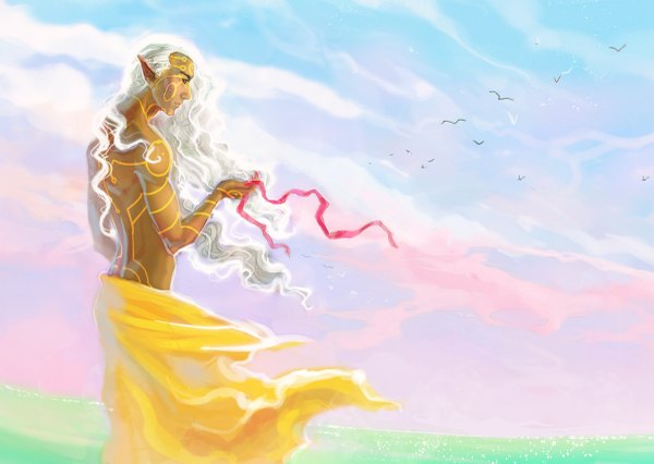 Anime picture 1200x853 with original anndr (artist) single long hair standing holding sky cloud (clouds) white hair very long hair profile wind pointy ears grey hair tattoo dark skin wavy hair face paint boy ribbon (ribbons)