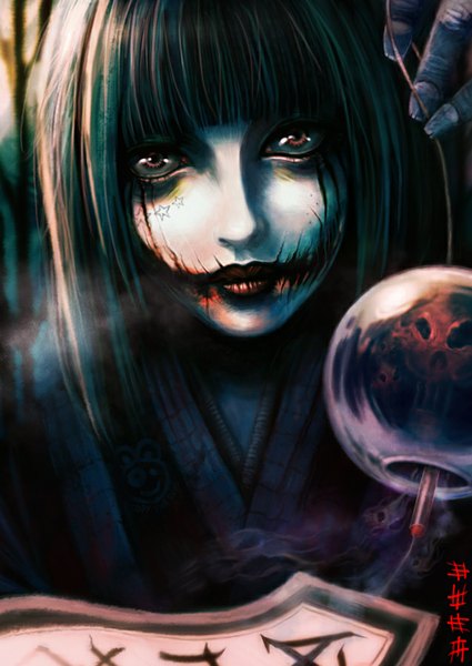Anime picture 637x900 with original kuchisake-onna clazz-x1 single long hair tall image looking at viewer fringe black hair red eyes holding signed traditional clothes japanese clothes fingernails blurry realistic lipstick hieroglyph portrait