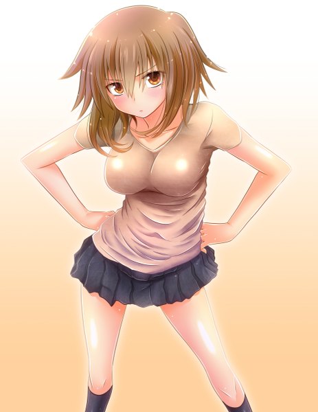 Anime picture 1854x2400 with original watarui single tall image looking at viewer blush highres short hair breasts simple background brown hair large breasts brown eyes girl miniskirt socks black socks t-shirt