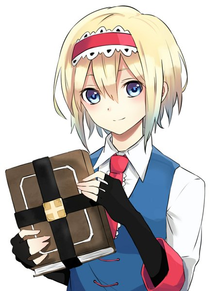 Anime picture 836x1123 with touhou alice margatroid taiki (ozone) single tall image looking at viewer short hair blue eyes blonde hair simple background smile white background girl gloves hairband fingerless gloves book (books)