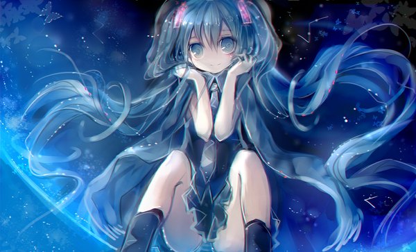 Anime picture 1000x605 with vocaloid hatsune miku hanchan single long hair looking at viewer fringe blue eyes light erotic smile wide image twintails bare shoulders pleated skirt pantyshot blue background constellation girl skirt underwear