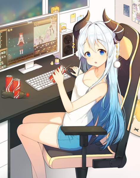 Anime picture 800x1017 with original tp (kido 94) single long hair tall image looking at viewer blush fringe breasts open mouth blue eyes hair between eyes sitting bare shoulders holding blue hair cleavage silver hair ahoge indoors