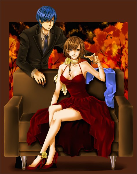 Anime picture 910x1150 with vocaloid kaito (vocaloid) meiko chiru (sanifani) tall image short hair blue eyes brown hair standing sitting blue hair nail polish high heels couple crossed legs holding hands skirt lift autumn brown background girl
