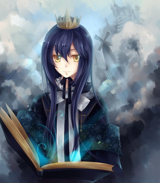 Anime picture 1800x2058 with original dhiea single long hair tall image highres yellow eyes blue hair cloud (clouds) magic boy book (books) crown windmill