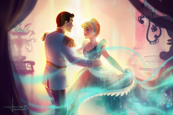 Anime picture 1636x1091 with the story of cinderella disney cinderella kelogsloops fringe short hair blue eyes blonde hair smile brown hair indoors face to face dancing girl dress boy gloves hair ornament plant (plants) elbow gloves