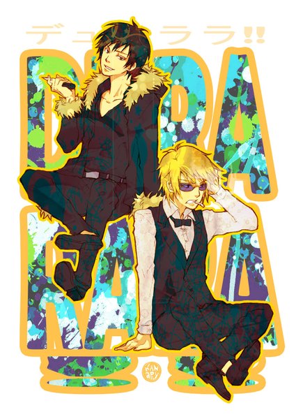 Anime picture 1024x1446 with durarara!! brains base (studio) orihara izaya heiwajima shizuo kanapy tall image short hair black hair blonde hair red eyes sitting grin smoking boy weapon shirt glasses belt bowtie hood