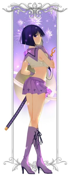Anime picture 700x1754 with bishoujo senshi sailor moon toei animation tomoe hotaru sailor saturn joseph lee single tall image looking at viewer short hair black hair smile purple eyes pleated skirt alternate costume magical girl lace-up boots girl skirt gloves weapon