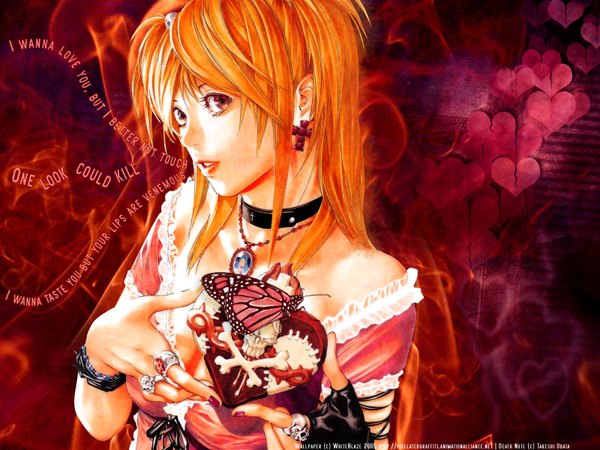 Anime picture 1600x1200 with death note madhouse amane misa obata takeshi single long hair looking at viewer fringe breasts hair between eyes bare shoulders holding brown eyes payot upper body parted lips orange hair two side up text frilled dress