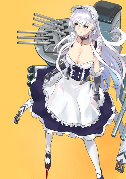 Anime picture 1061x1500 with azur lane belfast (azur lane) blzchaos single long hair tall image blush fringe breasts light erotic simple background smile large breasts standing purple eyes cleavage silver hair from above yellow background girl