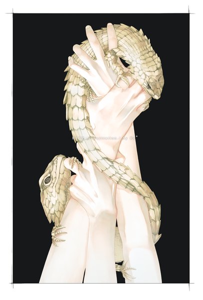 Anime picture 962x1416 with original re (artist) tall image simple background border black background head out of frame holding arm hands reptile lizard