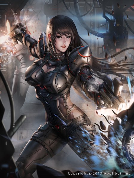 Anime picture 900x1200 with chrisnfy85 single long hair tall image open mouth brown hair brown eyes signed battle girl weapon gun bodysuit wire (wires) mecha