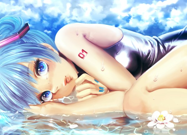 Anime picture 2000x1453 with vocaloid hatsune miku minami haruya single highres blue eyes nail polish lips aqua hair girl water water drop