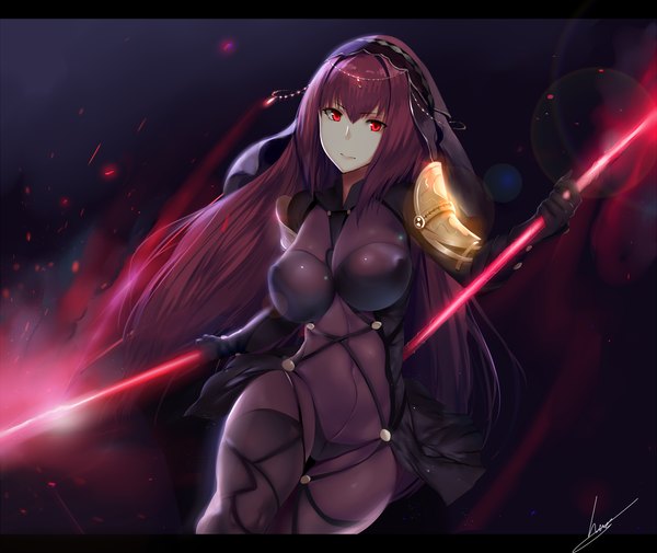 Anime picture 2100x1770 with fate (series) fate/grand order type-moon scathach (fate) (all) scathach (fate) hews single long hair looking at viewer highres breasts light erotic red eyes large breasts purple hair dark background girl bodysuit