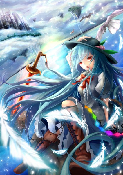 Anime picture 1500x2121 with touhou hinanawi tenshi atsuya (haru9741) single long hair tall image looking at viewer fringe breasts open mouth red eyes holding blue hair wind short sleeves puffy sleeves lens flare winter lacing waterfall