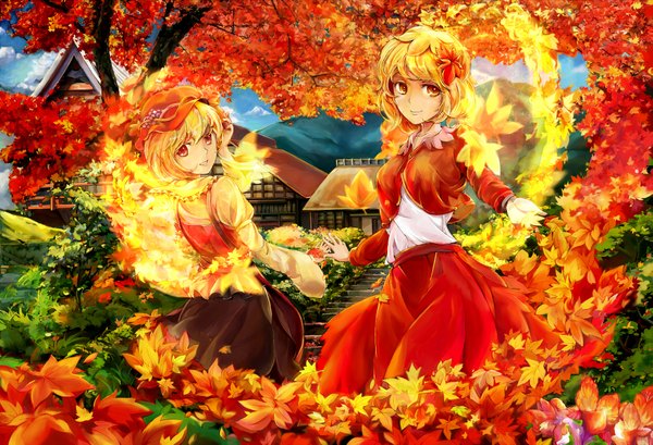 Anime picture 3773x2577 with touhou aki minoriko aki shizuha poyan noken looking at viewer highres short hair smile red eyes multiple girls absurdres orange hair orange eyes autumn girl dress flower (flowers) 2 girls plant (plants) hat