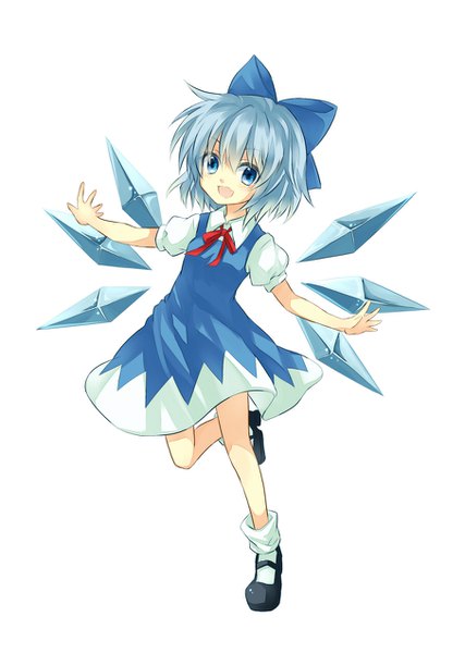 Anime picture 905x1272 with touhou cirno tm-pika single tall image looking at viewer fringe short hair open mouth blue eyes simple background hair between eyes white background blue hair full body bent knee (knees) :d puffy sleeves spread arms girl