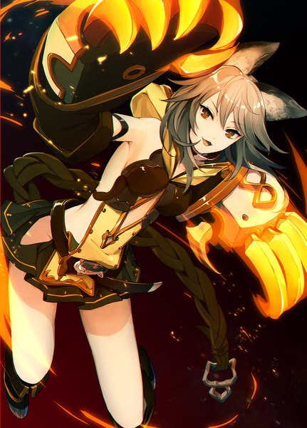 Anime picture 863x1200 with granblue fantasy sen (granblue fantasy) sayori (artist) single tall image fringe short hair open mouth light erotic simple background smile hair between eyes bare shoulders brown eyes animal ears bent knee (knees) pleated skirt grey hair bare legs gradient background