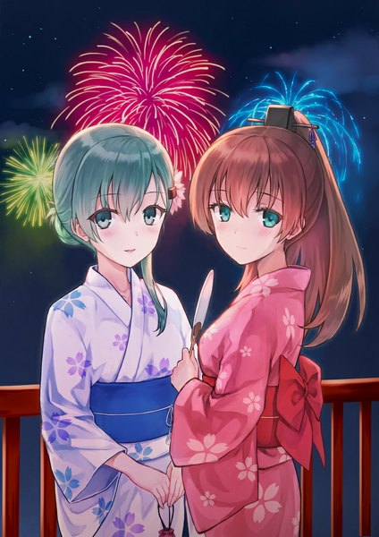 Anime picture 707x1000 with kantai collection suzuya heavy cruiser kumano heavy cruiser hiten (hitenkei) long hair tall image looking at viewer brown hair multiple girls green eyes ponytail traditional clothes japanese clothes hair flower green hair evening fireworks festival girl hair ornament