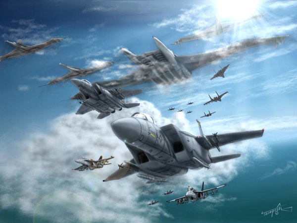 Anime picture 3200x2400 with original thompson highres signed absurdres sky cloud (clouds) flying landscape weapon sun airplane jet su-33