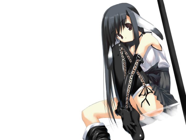 Anime picture 1280x960 with black hair brown eyes animal ears cat girl girl skirt