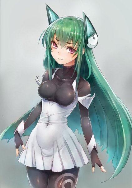 Anime picture 1131x1600 with original menou kaname taishi (picchiridou) single long hair tall image looking at viewer blush simple background purple eyes green hair covered navel underbust girl dress gloves white dress fingerless gloves bodysuit
