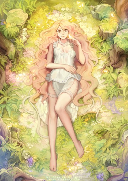 Anime picture 750x1061 with original caesty single long hair tall image looking at viewer light erotic pink hair lying pink eyes barefoot butterfly on hand girl dress flower (flowers) plant (plants) tree (trees) insect butterfly