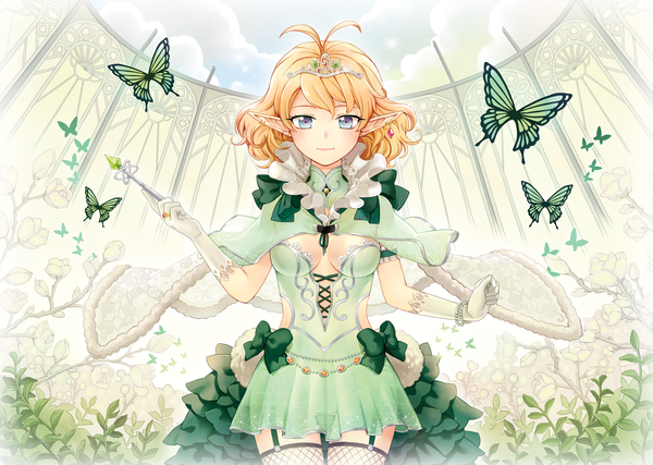 Anime picture 1300x927 with original azure090 single short hair breasts blue eyes blonde hair pointy ears girl dress gloves flower (flowers) bow plant (plants) insect butterfly tiara