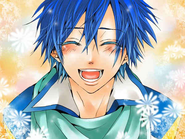 Anime picture 1024x768 with vocaloid kaito (vocaloid) hakuseki single blush blue hair eyes closed boy scarf