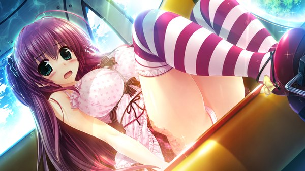 Anime picture 1280x720 with sakigake generation! clochette yukinomiya anon oshiki hitoshi long hair looking at viewer blush breasts open mouth light erotic wide image large breasts sitting bare shoulders green eyes game cg sky purple hair cloud (clouds) sunlight