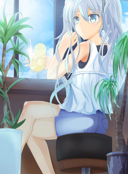 Anime picture 1100x1489 with vocaloid hatsune miku lemon. single long hair tall image blue eyes sitting twintails blue hair looking back crossed legs girl plant (plants) shorts drink