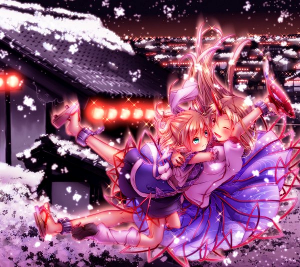 Anime picture 1213x1079 with touhou mizuhashi parsee hoshiguma yuugi amagumo fringe open mouth blue eyes blonde hair smile red eyes brown hair multiple girls holding looking away horn (horns) pointy ears night hug city snowing