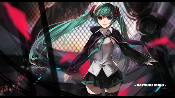 Anime picture 1889x1062 with vocaloid hatsune miku swd3e2 single looking at viewer highres open mouth wide image twintails signed very long hair aqua eyes aqua hair inscription zettai ryouiki girl thighhighs skirt hair ornament black thighhighs