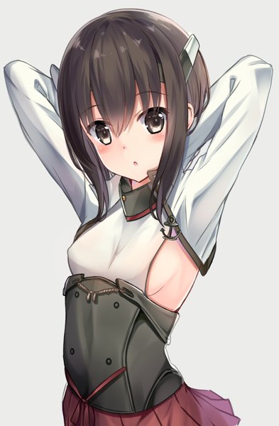 Anime picture 1057x1611 with kantai collection taihou armored aircraft carrier karumayu single tall image blush fringe short hair open mouth light erotic simple background hair between eyes brown hair brown eyes payot looking away upper body grey background no bra arms behind head