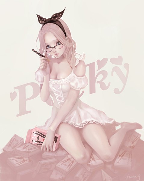 Anime picture 1195x1500 with original bobo1983 single tall image blush pink hair barefoot inscription grey eyes polka dot girl dress bow hair bow glasses sweets pocky pen