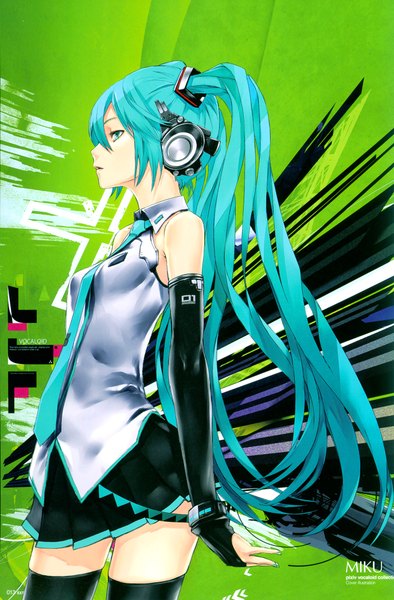 Anime picture 2747x4184 with vocaloid hatsune miku redjuice long hair tall image highres twintails profile aqua eyes aqua hair green background girl thighhighs black thighhighs detached sleeves miniskirt necktie headphones