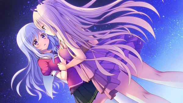 Anime picture 1280x720 with aisare roommate shidou aisha long hair blush open mouth blonde hair wide image purple eyes multiple girls blue hair game cg girl dress skirt 2 girls
