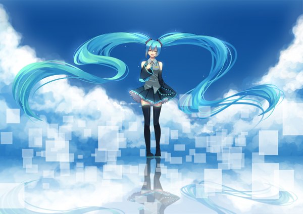 Anime picture 1280x905 with vocaloid hatsune miku sougishi ego long hair fringe open mouth twintails cloud (clouds) eyes closed very long hair aqua hair zettai ryouiki singing girl thighhighs uniform school uniform detached sleeves necktie boots