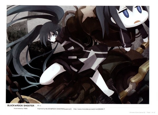 Anime picture 2898x2120 with black rock shooter black rock shooter (character) long hair highres open mouth blue eyes black hair twintails scan girl weapon boots star (symbol) gun chain