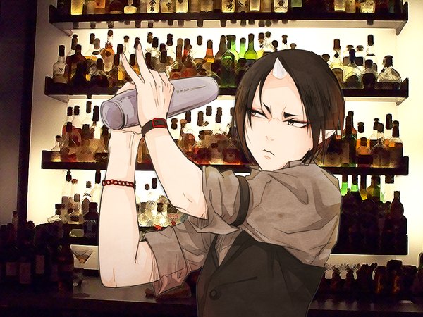 Anime picture 1200x900 with hoozuki no reitetsu wit studio hoozuki (hoozuki no reitetsu) rots single short hair black hair holding looking away horn (horns) fingernails pointy ears serious twisty sleeves boy shirt vest buttons bottle grey shirt