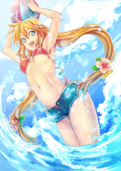 Anime picture 1754x2480 with original kaida bola baruterome single long hair tall image highres open mouth blue eyes light erotic smile twintails absurdres sky cloud (clouds) hair flower orange hair armpit (armpits) covered nipples open shorts