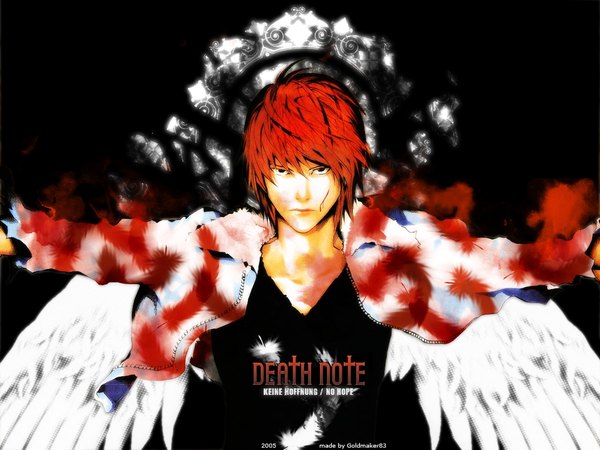 Anime picture 1024x768 with death note madhouse yagami light single looking at viewer fringe short hair standing signed upper body black eyes orange hair inscription open jacket copyright name dark background spread arms angel wings third-party edit serious
