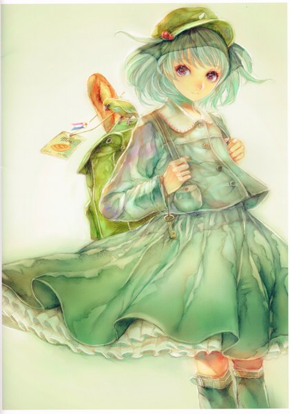 Anime picture 4819x6874 with touhou kawashiro nitori yogisya single tall image fringe highres short hair simple background smile purple eyes looking away absurdres wind scan aqua hair shadow two side up girl skirt