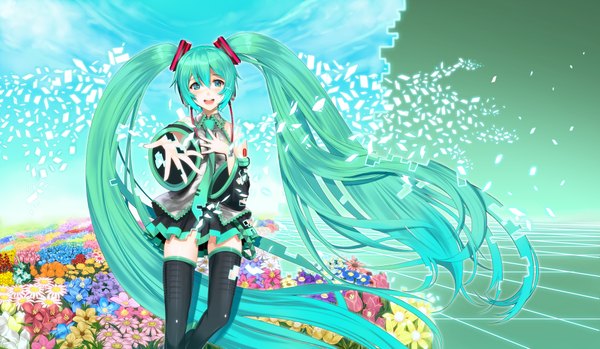 Anime picture 2008x1169 with vocaloid hatsune miku yuunagi (seventh heaven) single looking at viewer blush highres open mouth wide image twintails very long hair aqua eyes aqua hair girl thighhighs skirt flower (flowers) black thighhighs detached sleeves miniskirt