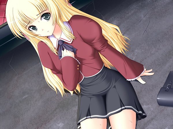 Anime picture 1024x768 with jail break ogura mio shima-shuu long hair blonde hair green eyes game cg girl serafuku