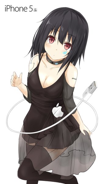 Anime picture 1000x1774 with original apple inc. saku (kudrove) single tall image looking at viewer short hair black hair simple background red eyes white background bare shoulders girl thighhighs dress black thighhighs