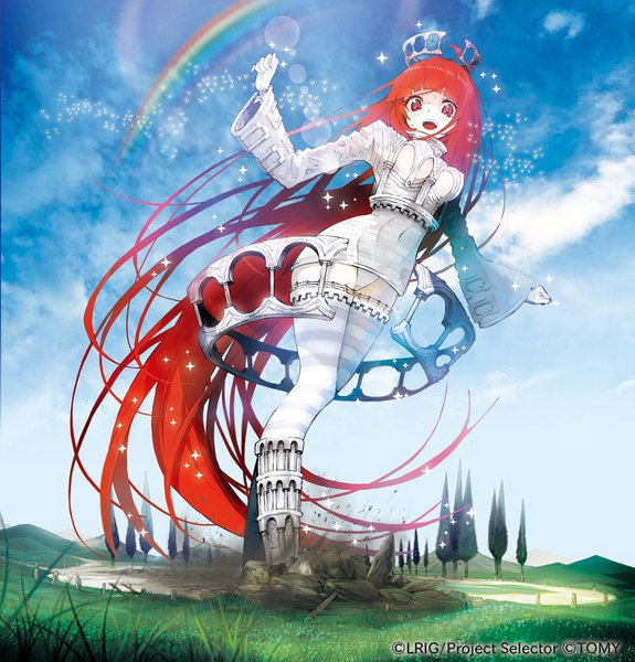 Anime picture 1000x1044 with wixoss yumeko (tokiti) single long hair tall image looking at viewer fringe open mouth light erotic smile red eyes cloud (clouds) bent knee (knees) red hair blunt bangs very long hair :d looking back wide sleeves official art