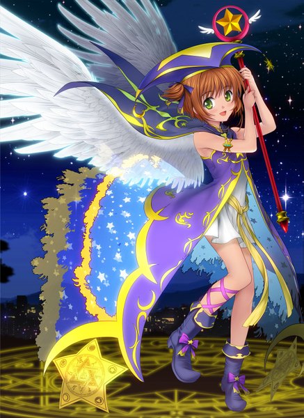 Anime picture 1167x1600 with card captor sakura clamp kinomoto sakura mutsuki (moonknives) single tall image blush short hair open mouth green eyes orange hair loli two side up magic girl dress ribbon (ribbons) wings belt star (symbol)