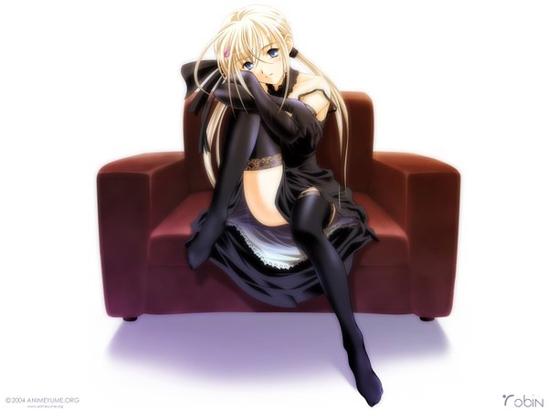 Anime picture 1600x1200 with aizawa kotarou single long hair looking at viewer blue eyes light erotic simple background blonde hair smile signed girl thighhighs dress gloves hair ornament ribbon (ribbons) black thighhighs hair ribbon black gloves elbow gloves