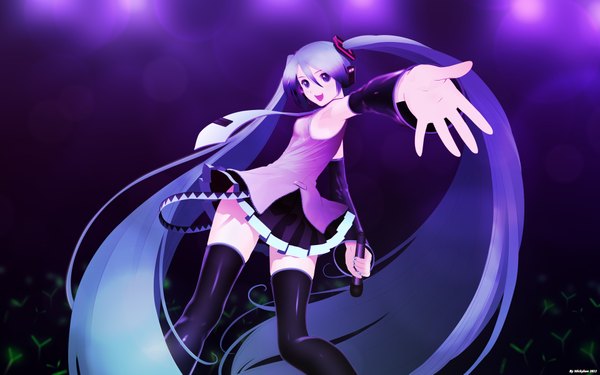 Anime picture 1920x1200 with vocaloid hatsune miku tony taka single highres open mouth wide image purple eyes twintails very long hair aqua hair girl thighhighs skirt hair ornament black thighhighs detached sleeves miniskirt necktie headphones